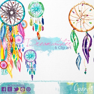 Dreamcatcher hand painted watercolor clip art (6Png images with transparent background 300dpi) boho invitations, hippie design, feathers.