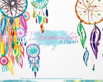 Dreamcatcher hand painted watercolor clip art (6Png images with transparent background 300dpi) boho invitations, hippie design, feathers.