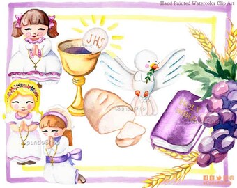 My first Communion Clipart for Girls. Cute Communion graphics, bible, rosary, communion banner. First Communion watercolor clipart