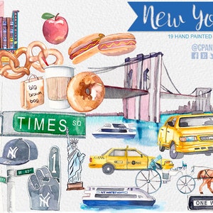 Clipart de Nova York, Nova York, Broadway 19 PNGs, uso comercial, clipart da big apple, estátua da liberdade, pretzel, cachorro-quente, táxi