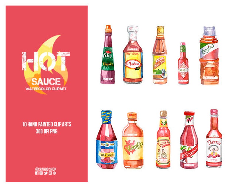 Puede incluir: Diez ilustraciones de acuarela de botellas de salsa picante. Las botellas son de varios colores y tienen diferentes etiquetas. Las etiquetas incluyen las palabras "HOT SAUCE", "Yucateco", "Valentina", "Tajin" y "TAPATIO".