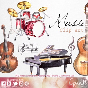 Music watercolor handpainted clip arts (6 Png imagenes transparent background 300 dpi)