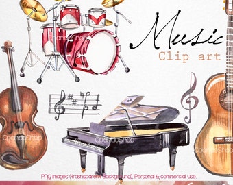 Music watercolor handpainted clip arts (6 Png imagenes transparent background 300 dpi)