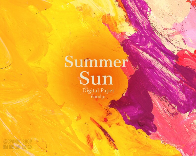 May include: Abstract digital paper with a yellow, pink, and purple paint design. The text "Summer Sun" and "Digital Paper 600dpi" is written in white.