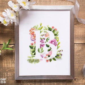 Letter B Print, Monogram Print, Watercolor Wall Art, Floral Poster Printable Wall Art, Modern Minimalist Typograpy Print Wall Art monogram B