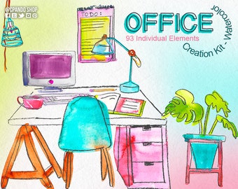 93 Premium Watercolor Office Supplies Clipart Set for Bloggers and Graphic Designers