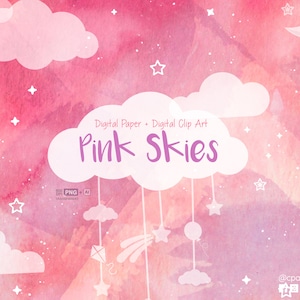 Roze luchten, aquarel sterren en wolken Clipart Aquarel Wolken en Sterren Hanger Roze Hemel, Sterren, Wolken en Sky
