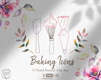 Baking Icons Watercolor baking supplies clipart Hand drawn bakery logo design DIY Cooking culinary digital clip art  kitchen utensils