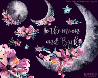 Floral moon, Moon Watercolor clipart, Space PNG, stars clip bouquet, arrangement, bridal shower, for blog, for nursery wall art, invitations