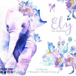 Ely the elephant and butterflies watercolor hand painted clip art, for baby shower clip art, nursery, watercolor clip art wall decor.