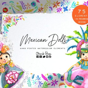 Mexican Dolls, Fiesta clipart watercolor clip art. Mexican flowers for wedding invitations, artwall, cinco de mayo, 5 de mayo mexican clip