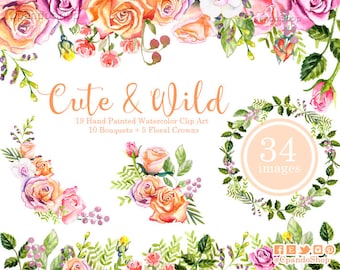 Watercolor clipart, Frames Floral PNG, wedding bouquet, arrangement, bouquet, digital paper, pink roses, bridal shower, for blog banner