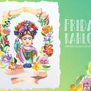 Frida Kahlo ClipArt handgemalt in Aquarell, Frida Kahlo Clip Art Illustration, tropische Blumen, Perico Clipart, mexikanische Malerei