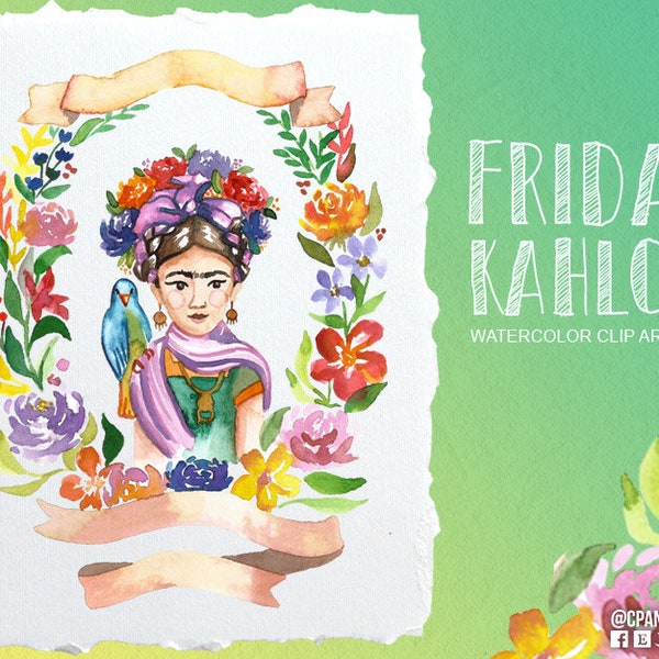 Frida Kahlo Clipart: "WATERCOLOR FRIDA CLIPART" Mexican clipart, fiesta clipart, Planner Supplies,Floral clipart, cinco de mayo, 5 de mayo