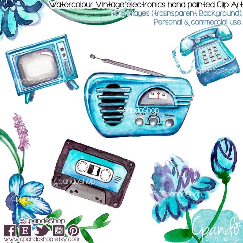 Pode incluir: Ilustra&ccedil;&atilde;o de aquarela de eletr&ocirc;nicos vintage em cores azul e turquesa. O conjunto inclui uma televis&atilde;o, um r&aacute;dio, uma fita cassete e um telefone de disco. A ilustra&ccedil;&atilde;o est&aacute; sobre um fundo branco.