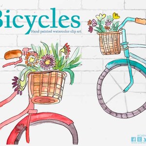 May include: Two watercolor illustrations of bicycles with baskets filled with flowers. The bicycle on the left is red with a brown basket and the bicycle on the right is blue with a brown basket. The text "Bicycles" is written in blue at the top of the image.