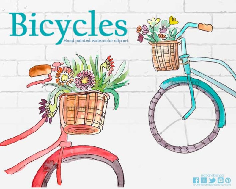 May include: Two watercolor illustrations of bicycles with baskets filled with flowers. The bicycle on the left is red with a brown basket and the bicycle on the right is blue with a brown basket. The text "Bicycles" is written in blue at the top of the image.