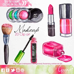 Op de afbeelding: Een set van 20 aquarel illustraties van make-up artikelen, waaronder een make-up kwast, mascara, nagellak, lippenstift en oogschaduw paletten. De illustraties zijn in cartoon stijl en hebben een roze en groene achtergrond.