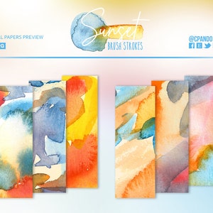 Peut inclure: Cinq motifs de papier numérique avec des coups de pinceau aquarelle abstraits dans des tons de jaune, orange, rouge, bleu et vert. Les papiers sont en 300 DPI et au format JPG. Le texte "Sunset Brush Strokes" est en haut de l'image.