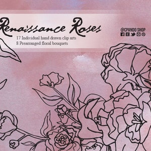 Rennaissance Roses, Rosas pintadas a mano con tinta clip art perfecta para invitaciones de boda. (300dpi y AI) Rosas clip art tinta