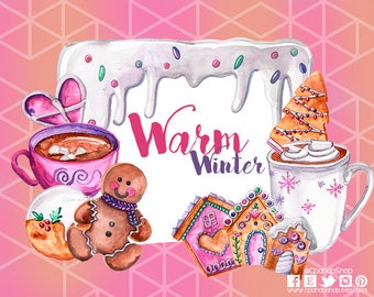 Warm winter watercolor hand painted clip art, christmas clip art, gingerbread, gingerbread man Cozy Christmas Coffee CLIPART, Winter clipart