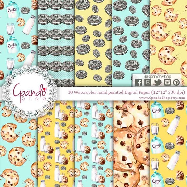 Milk and Cookies Digital Paper, Oreos, watercolor, Polkadots, Milk and Cookie Party, for Birthday party, babyshower watercolor cookies