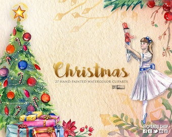 Christmas Cliparts, Watercolor Christmas Clip Art, Christmas Tree Clip Art, Nutcracker, Watercolor Overlays,  Ballet christmas winter