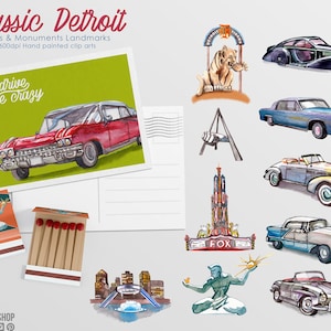 Detroit, seine Oldtimer und ikonischen Skulpturen, Skyline, Michigan Ikonen Detroit Postillustration, Motor City