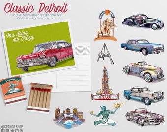 Detroit Michigan Classic cars and landmarks- hart plaza, skyline, us cities watercolor hand painted 600dpi