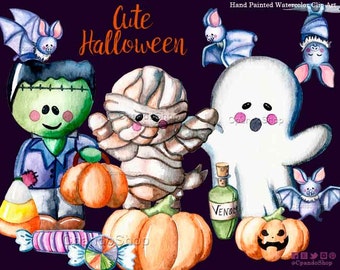 Halloween pour enfants clipart, les invitations aquarelle kinder halloween momie halloween fantôme vampire douce frankenstein halloween