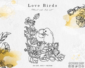 Love Birds Ink hand painted clipart, ink silhouette flowers, drawing flower clipart,