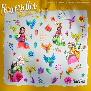 May include: Watercolor illustrations of a flower seller, hummingbirds, and flowers. The illustrations are in a bright, colorful style and feature a variety of flowers, including roses, lilies, and daisies. The illustrations are perfect for use in scrapbooking, card making, and other craft projects.