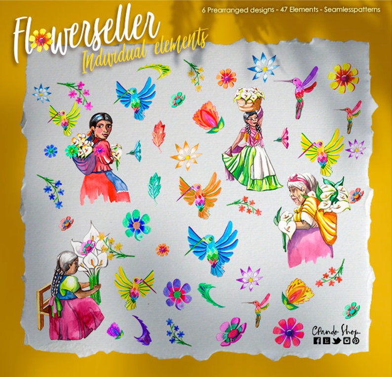 May include: Watercolor illustrations of a flower seller, hummingbirds, and flowers. The illustrations are in a bright, colorful style and feature a variety of flowers, including roses, lilies, and daisies. The illustrations are perfect for use in scrapbooking, card making, and other craft projects.