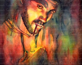 Whispers of Smoke: Original watercolor portrait of man lighting cigarette | Warm dark tones with Prussian blue | 76x56 cm