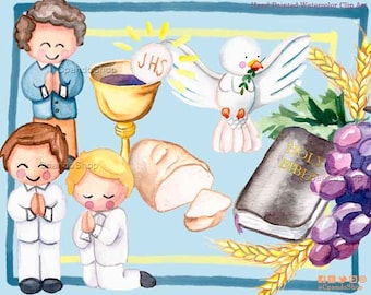 My first Communion Boy Clipart . Cute Communion graphics, bible, rosary, communion banner. First Communion watercolor clipart