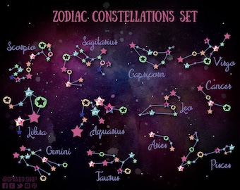 Zodiac constellations clipart watercolor set,  horoscope, astrology collection clipart cosmos watercolor clipart astrological signs png