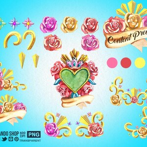 Puede incluir: Ilustraci&oacute;n de acuarela de un coraz&oacute;n con un centro verde rodeado de rosas rosas y rojas. El coraz&oacute;n est&aacute; decorado con detalles dorados y dos p&aacute;jaros. La ilustraci&oacute;n est&aacute; rodeada de remolinos dorados y estrellas. El texto "Content Preview" est&aacute; escrito en una cinta dorada.