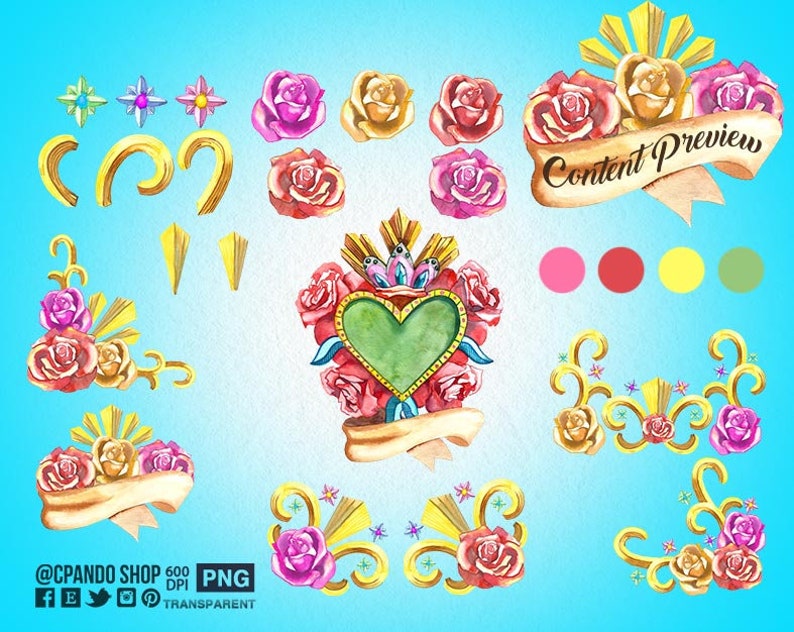 Puede incluir: Ilustraci&oacute;n de acuarela de un coraz&oacute;n con un centro verde rodeado de rosas rosas y rojas. El coraz&oacute;n est&aacute; decorado con detalles dorados y dos p&aacute;jaros. La ilustraci&oacute;n est&aacute; rodeada de remolinos dorados y estrellas. El texto "Content Preview" est&aacute; escrito en una cinta dorada.