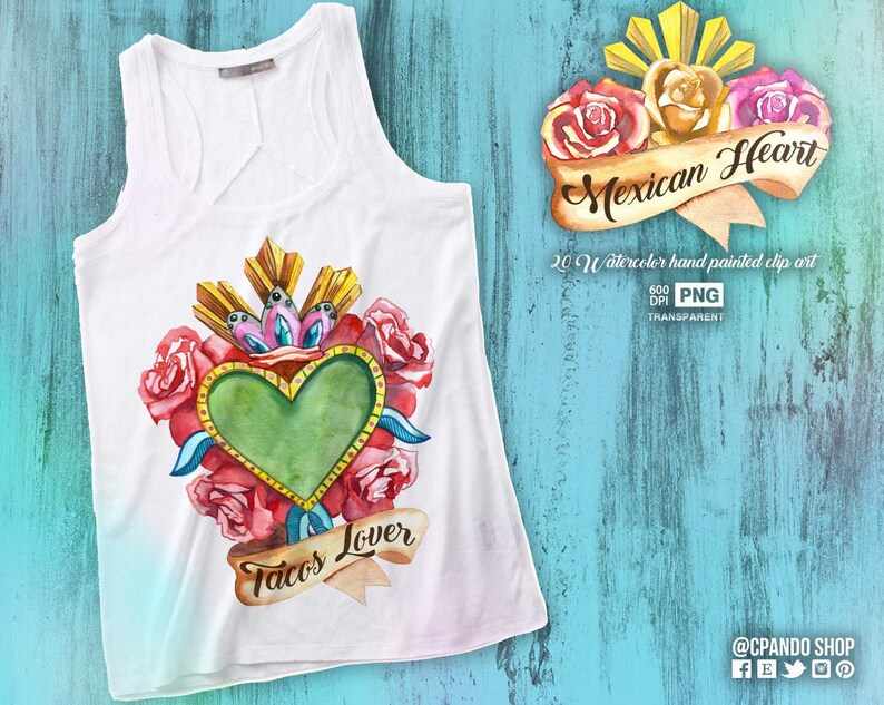 Puede incluir: Una camiseta sin mangas blanca con una ilustraci&oacute;n de acuarela de un coraz&oacute;n verde con flores rojas y amarillas y el texto "Tacos Lover" en una cinta marr&oacute;n. La ilustraci&oacute;n est&aacute; rodeada por un halo amarillo con una cinta marr&oacute;n que dice "Mexican Heart".