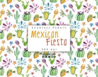 Mexican fiesta digital seamless pattern, hand painted spanish mexican clipart, mexican graphics, cinco de mayo graphics, watercolor clipart