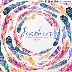 Tribal Feathers Clipart, Bird Feather Clip Art, Cardmaking, GraphicFeathers, Watercolor Feathers Clipart, Watercolor clipart bohemian