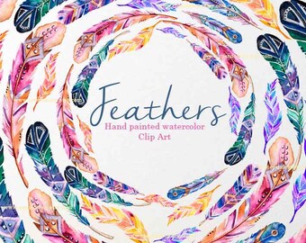 Tribal Feathers Clipart, Bird Feather Clip Art, Cardmaking, GraphicFeathers, Watercolor Feathers Clipart, Watercolor clipart bohemian