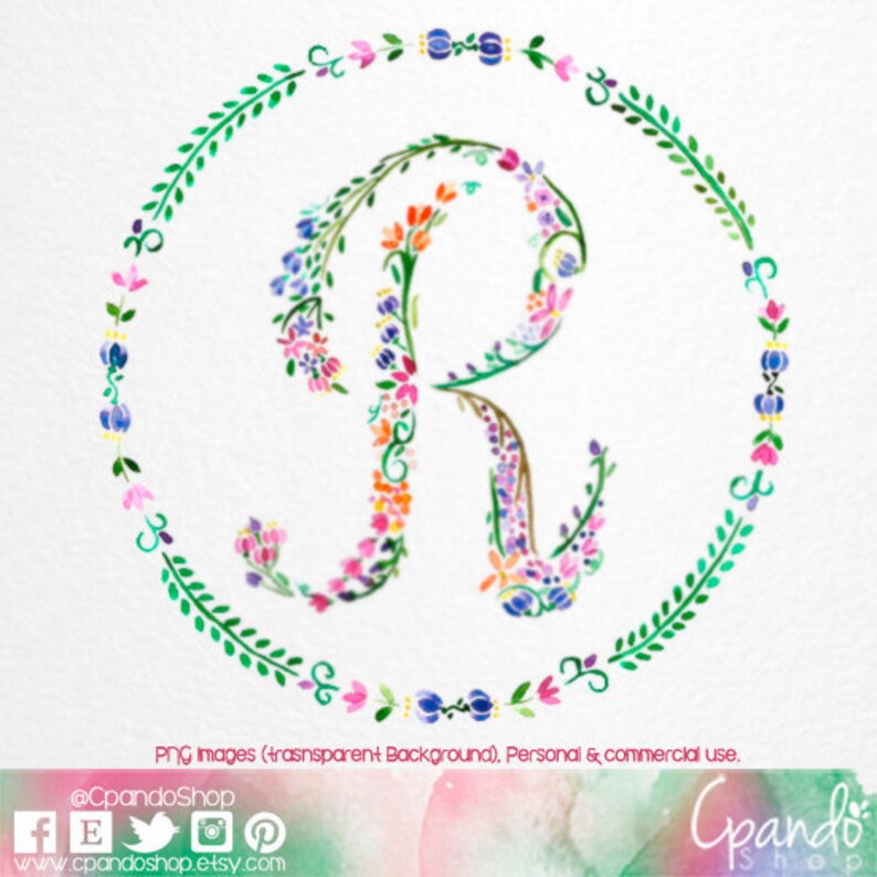 May include: A watercolour illustration of the letter R made of colourful flowers and leaves. The letter is surrounded by a wreath of green leaves and flowers.