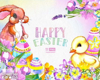 Happy Easter Watercolor Easter Clipart | Easter Bunny Clip Art - Spring Holiday - Easter Eggs - Bunny Clipart - Easter Eggs - Chick