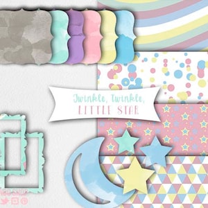 Twinkle Little Star Birthday patterns, Pale Pink, girly Baby Shower, Digital Paper, Moon, star clipart, first birthday, baby girl,