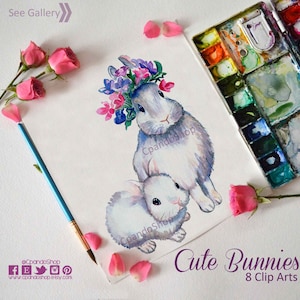 May include: Watercolor painting of two cute bunnies. The larger bunny is wearing a flower crown and the smaller bunny is sitting in front of it. The painting is on a white background with pink rose petals scattered around it.