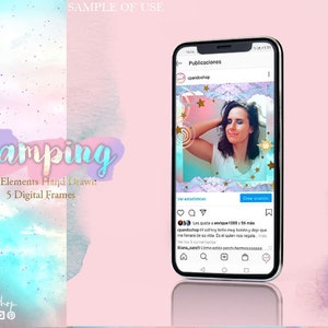 May include: A smartphone screen displaying a social media post with a photo of a woman. The post is about glamping and features a hand-drawn illustration of a mountain range, stars, and a sun. The text on the post reads "Les gusta a enrique 1088 y 55 m&aacute;s cpandoshop Fl sel hay brillo may bento y deja que me fenar&aacute; de su vida. Es el quien nos regala m&aacute;s Vietos & comentarios Mona sang C&oacute;mo estas pach", which translates to "Likes by enrique 1088 and 55 more cpandoshop Fl sel there is shine may bento and let me fenar&aacute; of your life. It is the one who gives us more Vietos & comments Mona sang How are you pach".