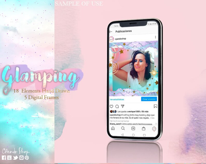May include: A smartphone screen displaying a social media post with a photo of a woman. The post is about glamping and features a hand-drawn illustration of a mountain range, stars, and a sun. The text on the post reads "Les gusta a enrique 1088 y 55 m&aacute;s cpandoshop Fl sel hay brillo may bento y deja que me fenar&aacute; de su vida. Es el quien nos regala m&aacute;s Vietos & comentarios Mona sang C&oacute;mo estas pach", which translates to "Likes by enrique 1088 and 55 more cpandoshop Fl sel there is shine may bento and let me fenar&aacute; of your life. It is the one who gives us more Vietos & comments Mona sang How are you pach".