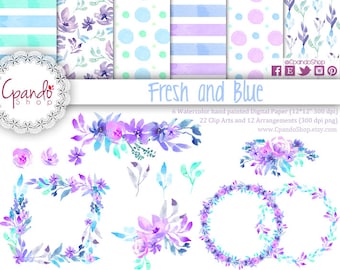 Fresh and Blue, desgin kit, 22 floral clipart hand painted in watercolor, 12 floral arrangement, 6 watercolor digital paper. flower clipart