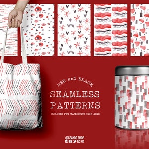 May include: Set of six red and black watercolor seamless patterns. The patterns include abstract shapes, hearts, stars, and stripes. The patterns are shown on a tote bag, a tin can, and individual squares.